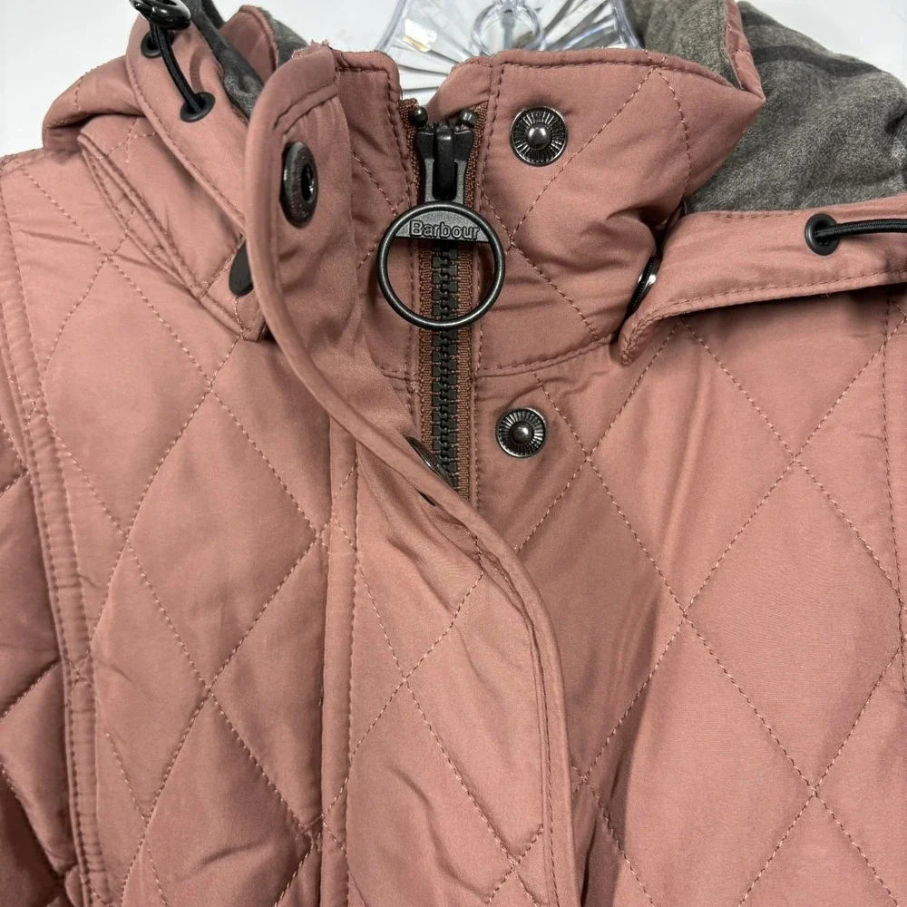 Barbour Womens Millfire Quilted Jacket Size 6 Pink Tartan Zip Up Hooded Winter - Picture 8 of 14